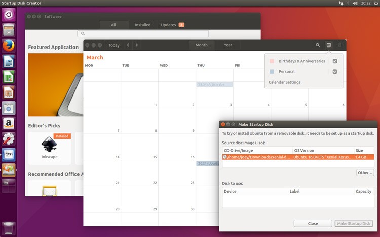 software calendar and usb apps on ubuntu 16.04