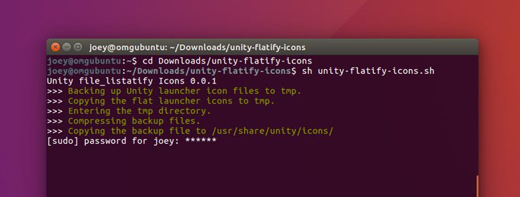 ubuntu terminal running unity flatify script