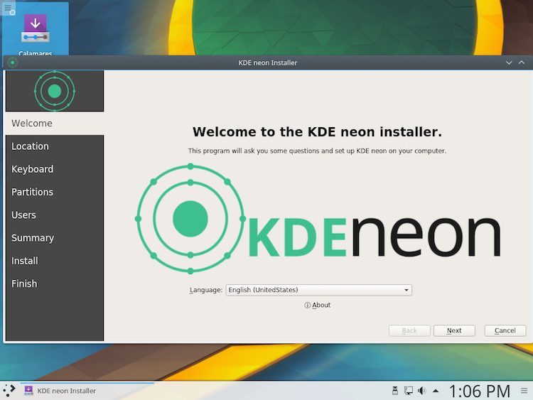 screenshot of the calameres installer in kde neon