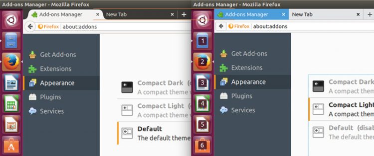 comparison of firefox default theme and compact theme