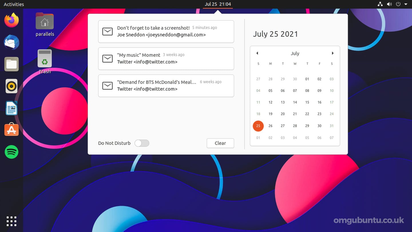 screenshot of gmail notifications on gnome shell desktop in ubuntu 20.04