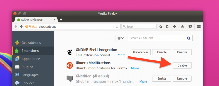 disable ubuntu modifications addon in firefox