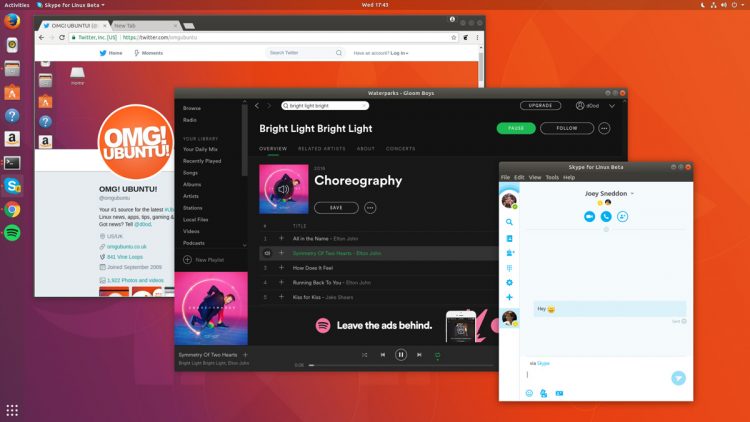 Ubuntu 17.10 desktop with Spotify, Skype and Chrome