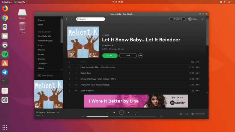 Spotify Linux Snap App running on Ubuntu 17.10
