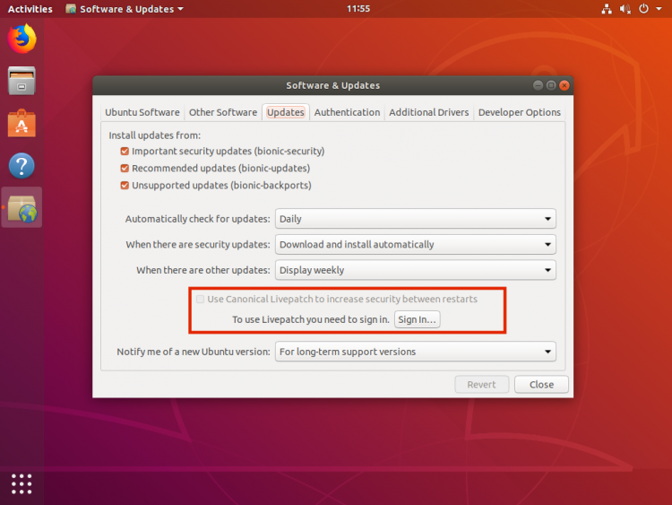 canonical kernel live patch option in ubuntu 18.04