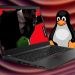 A Lenovo laptop with the Linux mascot