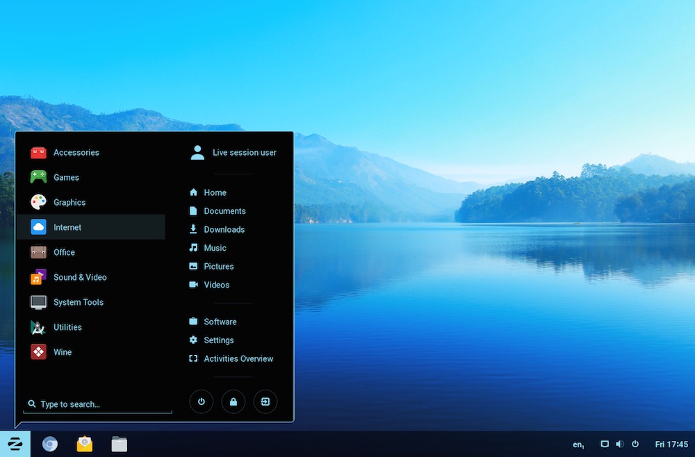 zorin os desktop screenshot with start menu open