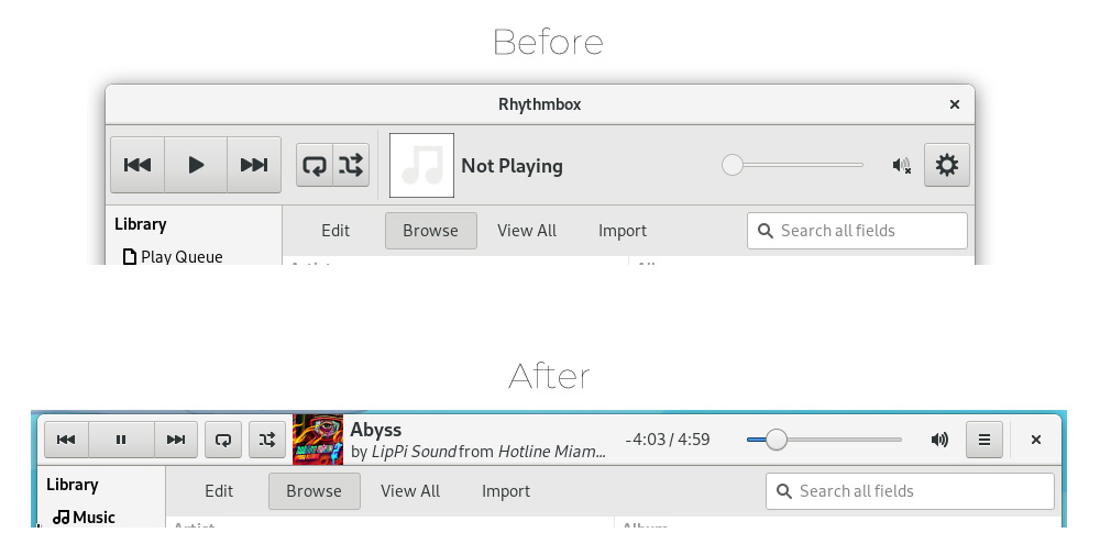 Rhythmbox toolbar before and after