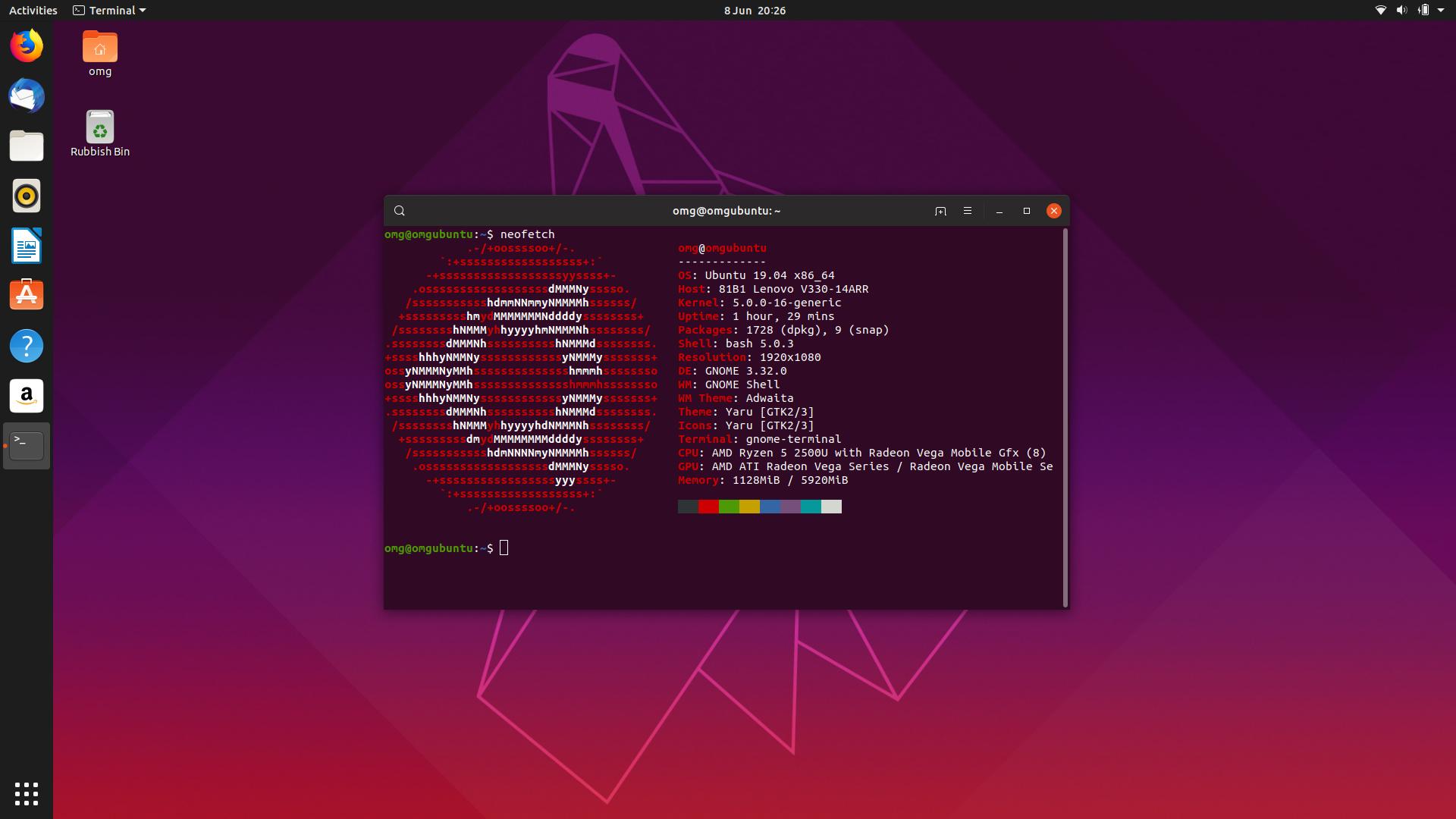 Ubuntu 19.04 desktop with neofetch
