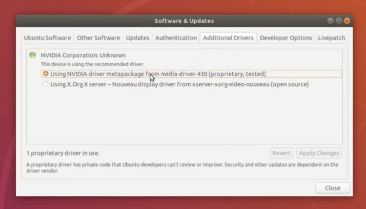 enabling proprietary nvidia drivers on Ubuntu 18.04 LTS