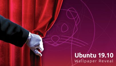 A hand pulling a curtain back overlaid on the Ubuntu 19.10 default wallpaper