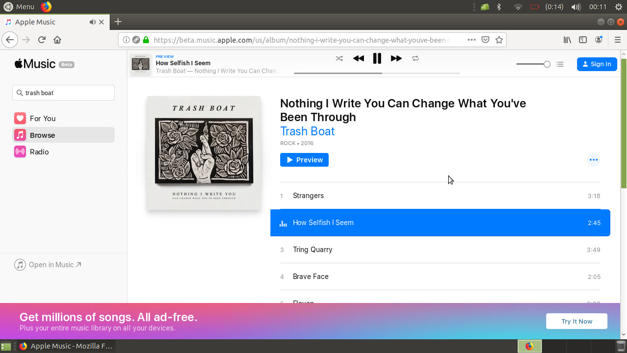 screenshot of the Apple Music beta web app open in Firefox