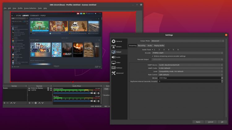 A screenshot of OBS Studio on Ubuntu 20.04