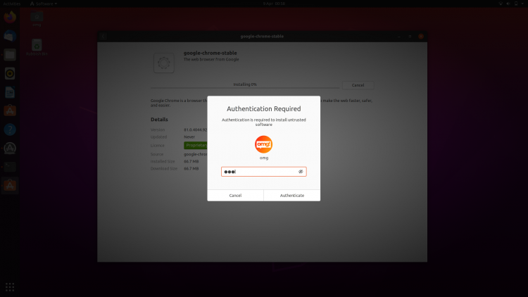 Ubuntu 20.04 screenshot showing authentication dialog
