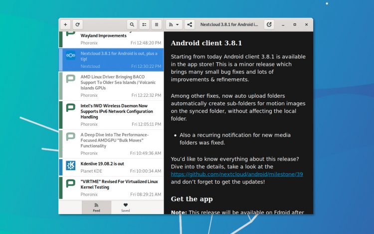 screenshot of feeds rss client on ubuntu