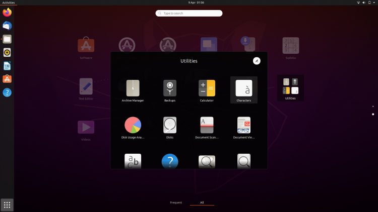 Ubuntu 20.04 screenshot showing app folders