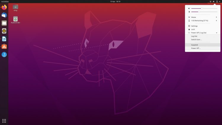ubuntu 20.04 screenshot showing the new suspend option