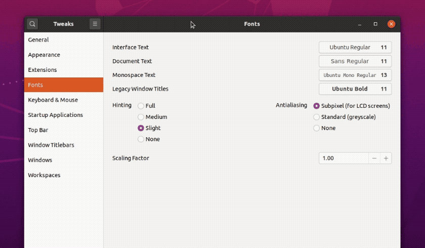 an animated gif showing the fonts section in GNOME Tweak Tool