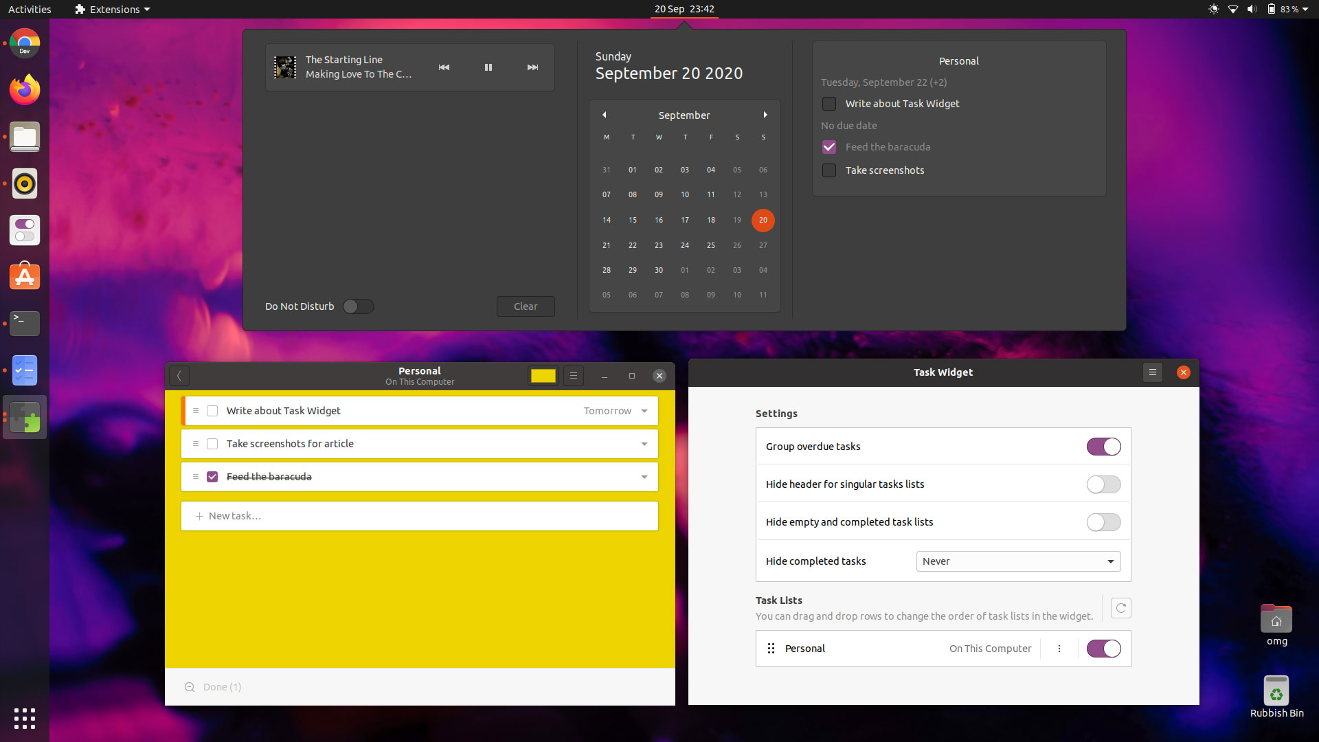 A screenshot of Task Widget GNOME Extension on Ubuntu 20.04 LTS