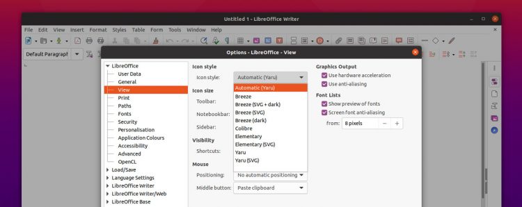 LibreOffice icon settings
