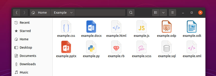 a screenshot of ubuntu 21.04 with new file icons