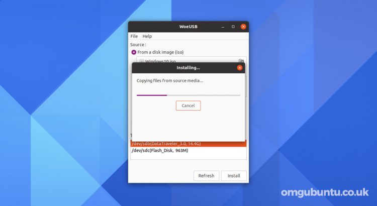 The WoeUSB tool on Ubuntu desktop
