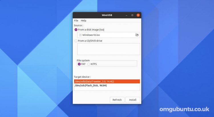 The WoeUSB tool on Ubuntu desktop
