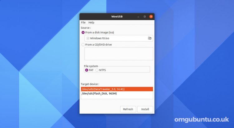 The WoeUSB tool running on the Ubuntu desktop