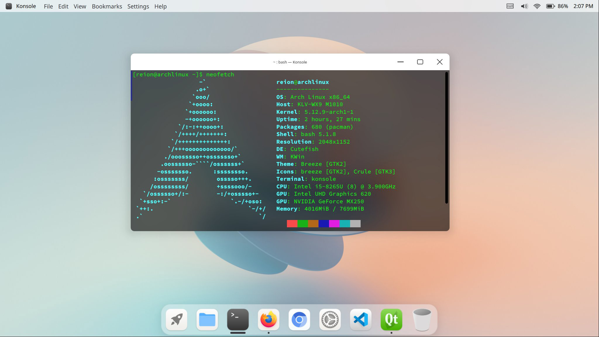 cutefish desktop environment installed on Arch Linux