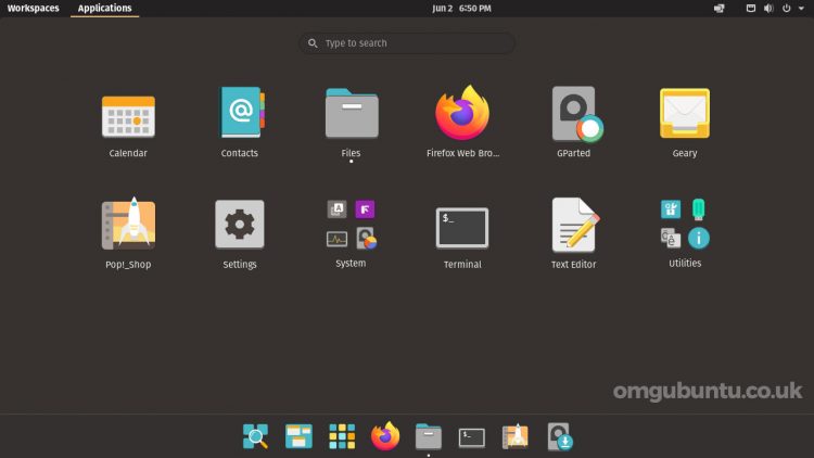 Pop OS 21.04 beta screenshot of the apps grid