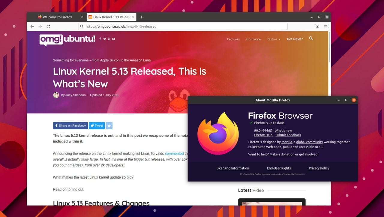a screenshot of firefox 90 on ubuntu