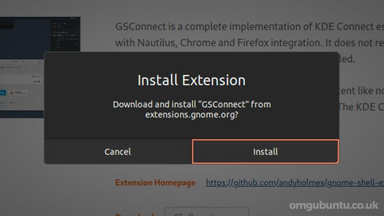 A screenshot of the GNOME Extension install dialog on Ubuntu 21.04 desktop