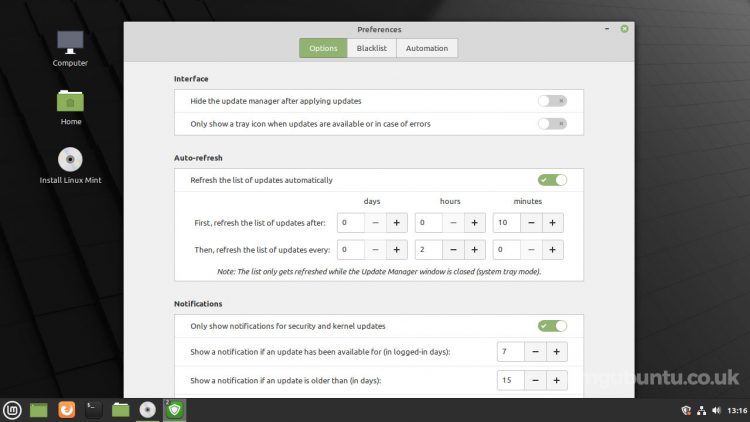 screenshot of Linux Mint update manager preferences