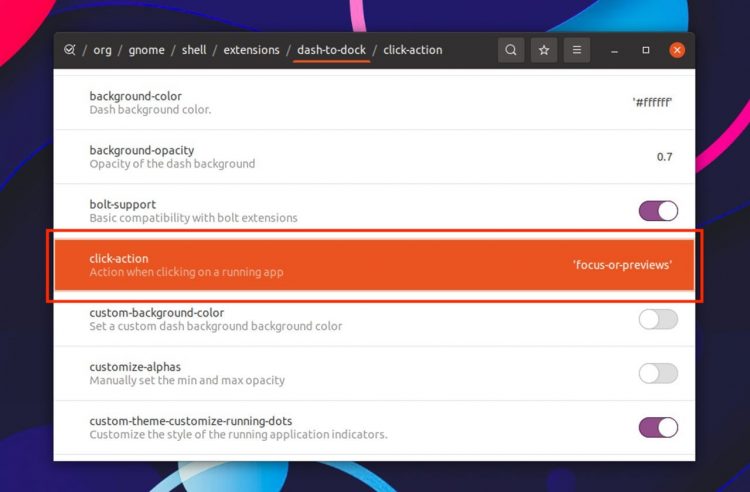 екранна снимка на настройката на dconf редактора, която потребителите трябва да променят