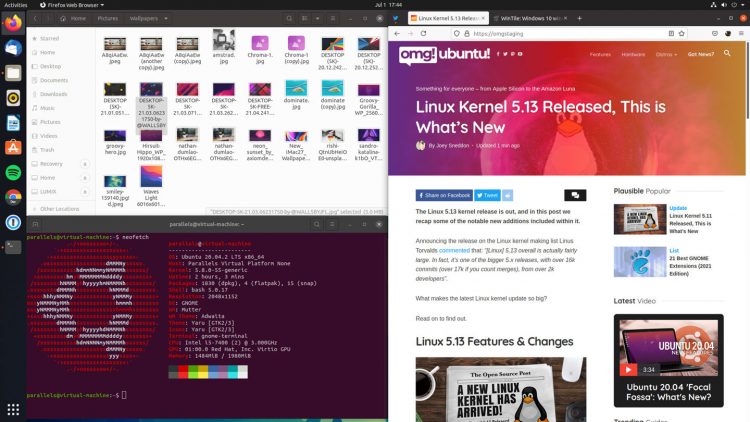 a screenshot of three tiled app windows in ubuntu 