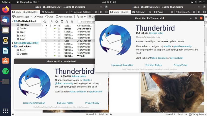 a screenshot showing thunderbird 78 running beside thunderbird 91