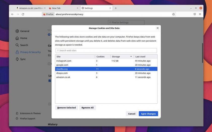 a screenshot of the manage cookies panel in Firefox 91