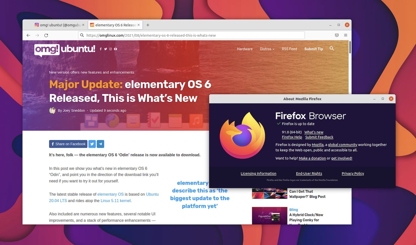 screenshot of Firefox 91 and the about dialog