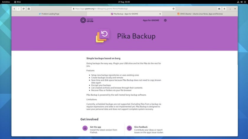 screenshot of the Pika Backup tool page on the GNOME Apps website