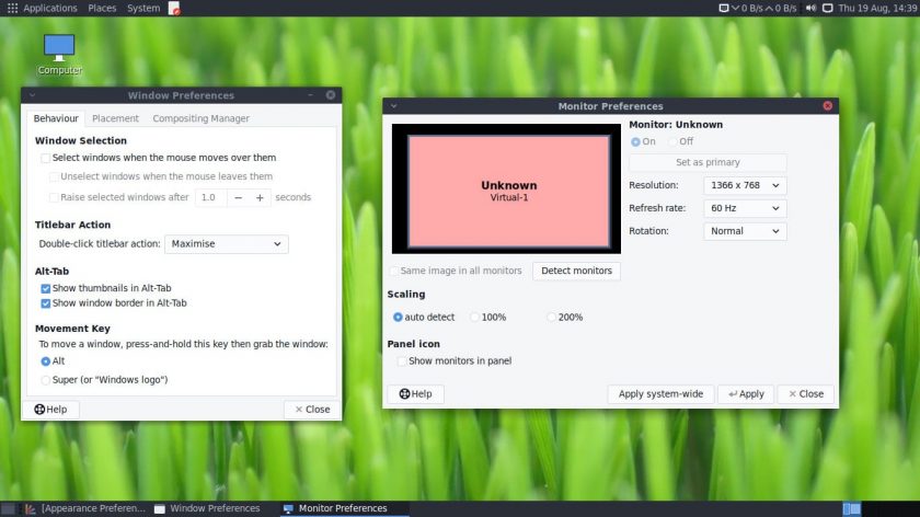 a screenshot of the window preferences and monitor preferences dialogs in MATE 1.26