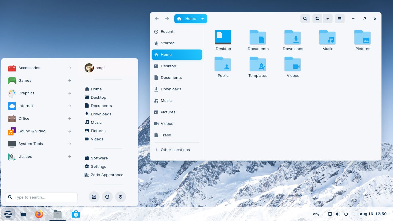 a screenshot of Zorin OS 16 showing the file manager and the app menu