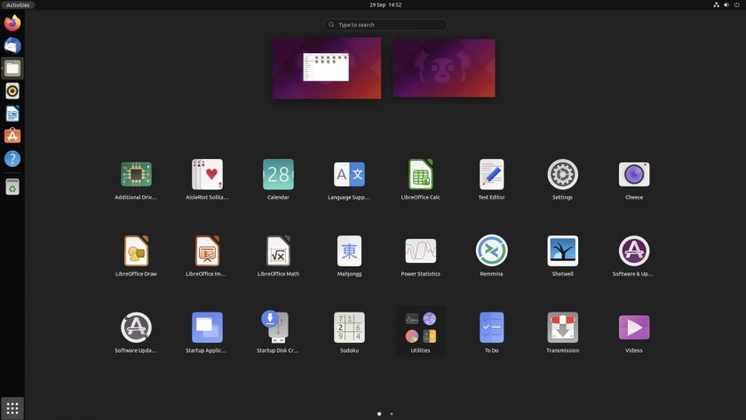 a screenshot of the app launcher and workspace thumbnails in ubuntu 21.10 impish indri