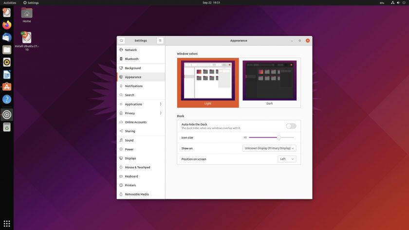 a screenshot of the appearance settings in ubuntu 21.10