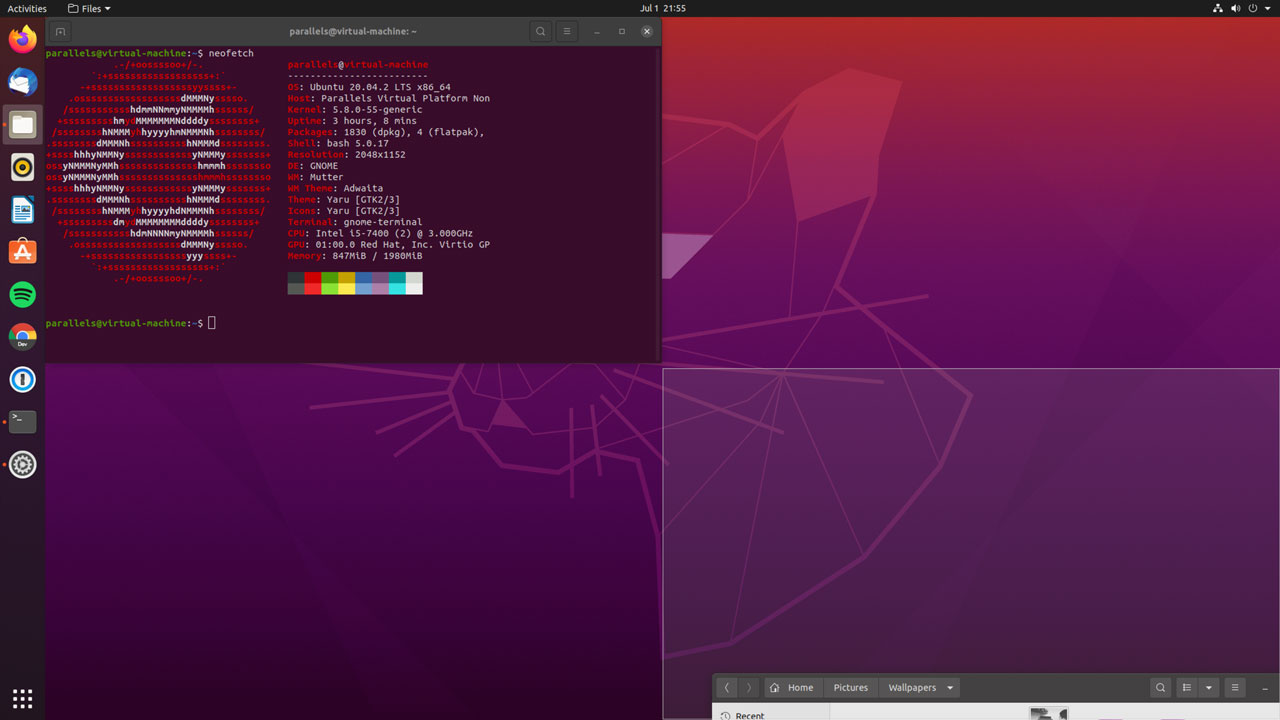 A screenshot showing window snapping to a quarter tiling layout in ubuntu