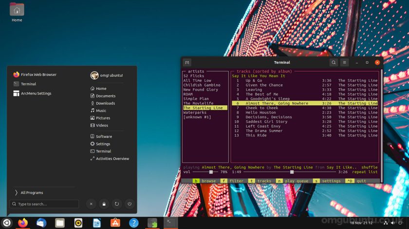 a screenshot of the arc menu extension running on ubuntu