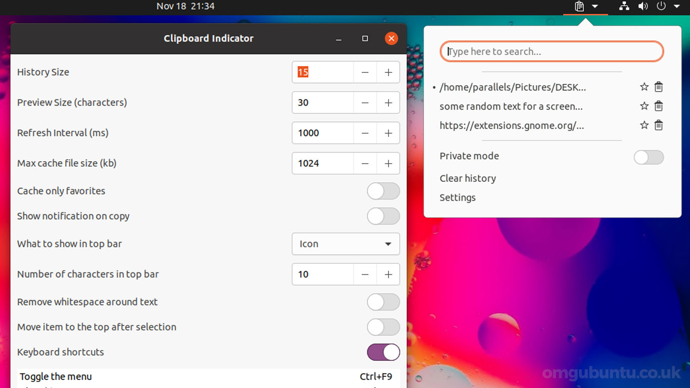Una captura de pantalla del indicador de portapapeles GNOME Extension
