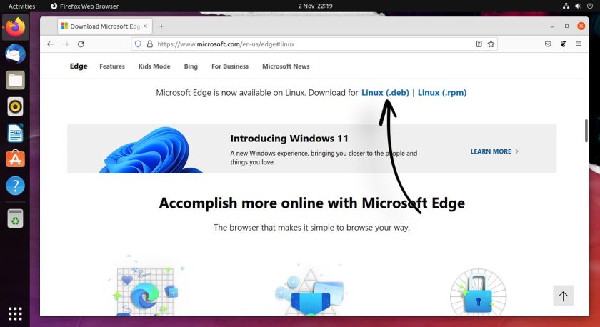 екранна снимка на опциите за изтегляне на Microsoft Edge за Linux