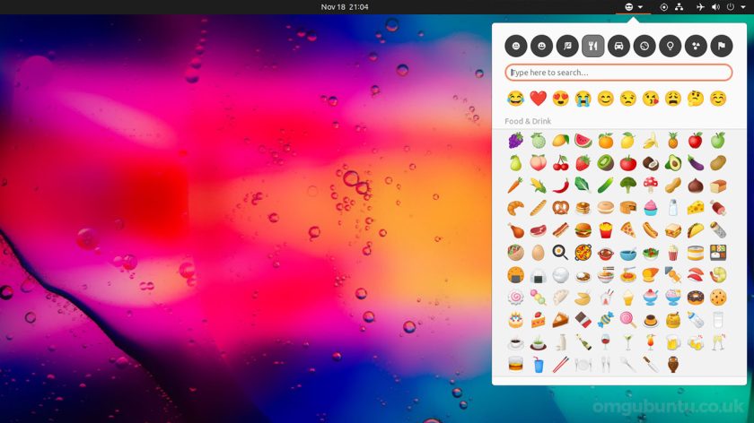 Una captura de pantalla del selector de emoji de extensión de gnomo
