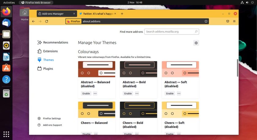 екранна снимка на новите цветови начини на Firefox 94 в Linux