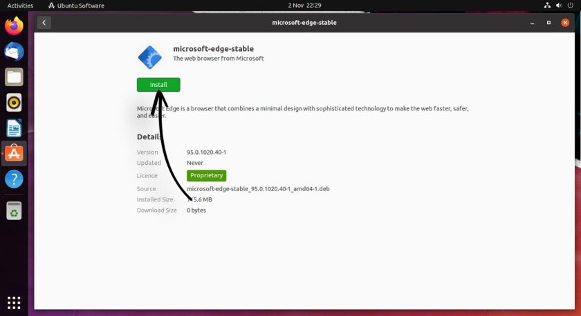 екранна снимка на софтуера на ubuntu, който инсталира Microsoft edge 